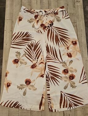Larry Levine Cream Floral Elastic Tie Waist Pants